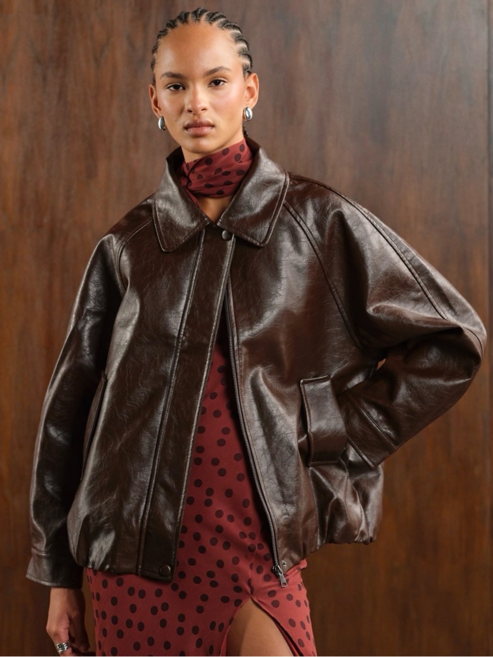 ASOS DESIGN leather look oversized bomber jacket in chocolate